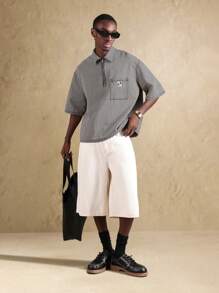 SUMWON Pinstripe Denim Half Zip Shirt Boxy Fit Street Style Casual Workwear Oversized Fashion Urban Modern Design - Grey - View 1