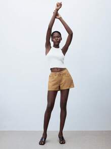 Maija Women's Relaxed Fit Embroidered Denim Shorts, Casual Vacation & Back To School - Khaki - View 3