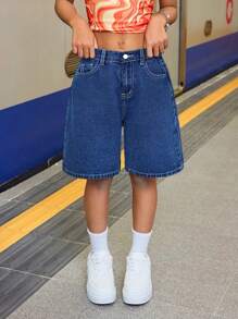 SHEIN 千禧年代复古水洗休闲宽松牛仔阔腿及膝短裤，适合青少年女孩秋季返校季街头服饰