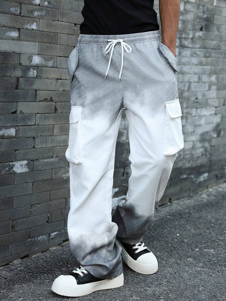 Manfinity EMRG Pantalones cargo de hombre con cintura con cordón, estilo casual con efecto tie-dye degradado - Blanco - Ver 1