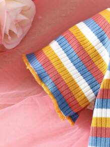 SHEIN 女婴条纹短袖圆领T恤和短裤套装，夏季时尚 - 彩色 - 查看 8