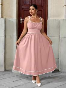 Breezaya 大码女式优雅编织无袖绿色连衣裙，带白色饰边，适合约会穿着 - 藕粉色 - 查看 5