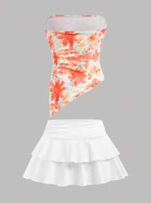 Girlism 青少年女孩 2 件套：花卉印花短款吊带上衣，配有荷叶边下摆和透明肩带，荷叶边上衣 - 珊瑚橙 - 查看 2