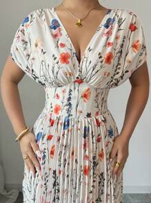 Rafferiza Vestido corto con espalda cruzada, plisado en la cintura y estampado digital para mujeres