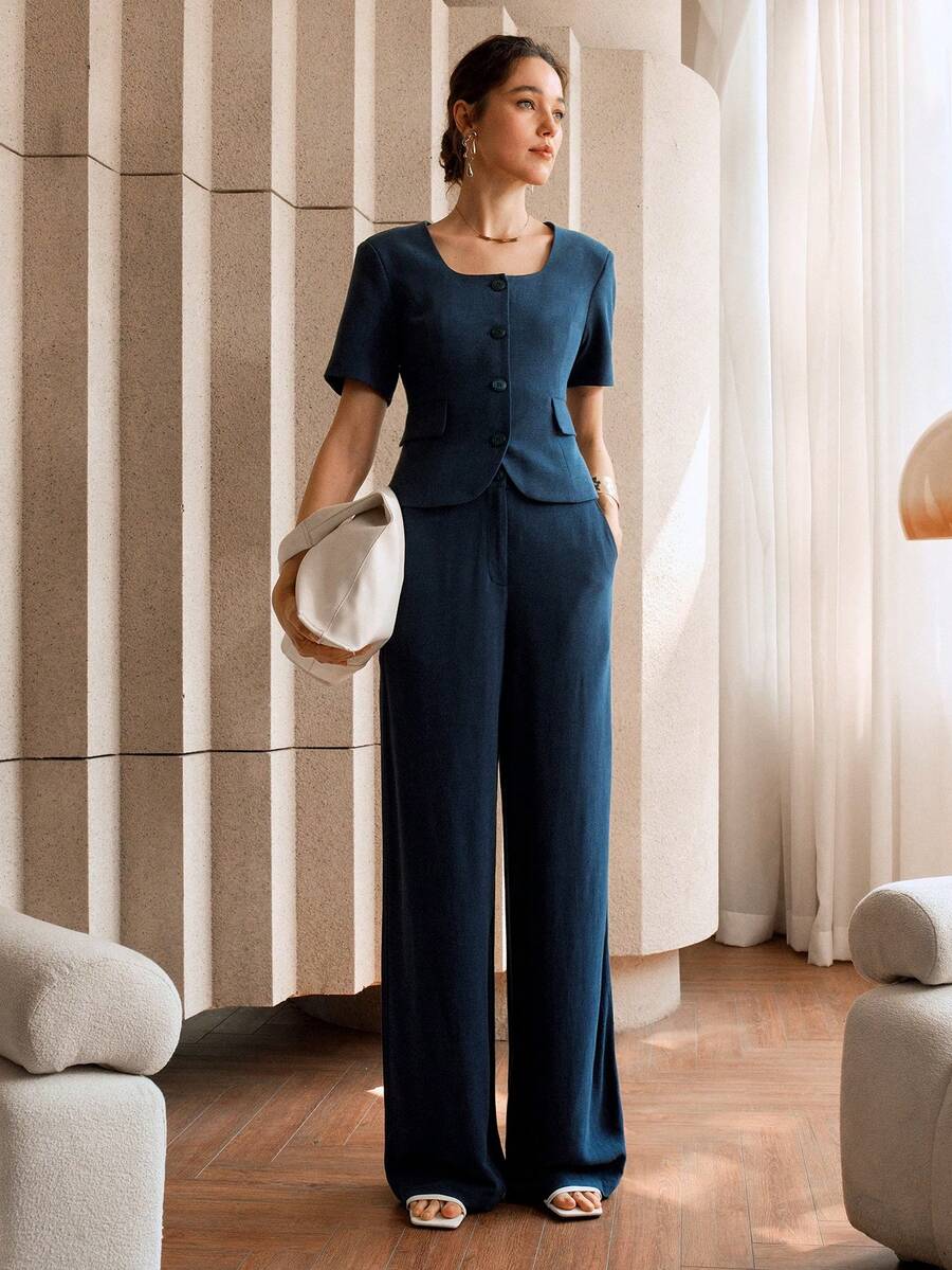 EMERY ROSE Women's Linen Wide Leg Pants, Casual/Office Wear, Work,Navy Blue Linen Suit Pants,Business Casual,Office,Old Money Style,Professional - Navy Blue - View 1