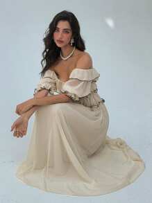 Aloruh Women's Romantic Off Shoulder Ruffle Hem Extra Long Dress - Apricot - View 7