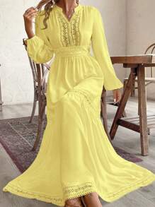 SHEIN VCAY 大码纯色缺口领口荷叶边下摆长袖连衣裙 - 黃色 - 查看 3