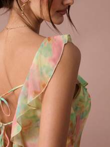 Enchnt 春夏浪漫女士绿色和粉色梦幻印花前系带荷叶边无袖露背长裙，甜美优雅，适合度假、约会、节日、派对、毕业典礼、婚礼宾客和海滩、舞会礼服、女士夏装、女士太阳裙、夏装、优雅派对礼服 - 彩色 - 查看 7