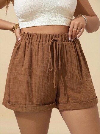 Travachic Plus Tie Waist Roll Up Hem Shorts Spring Break Short Shorts