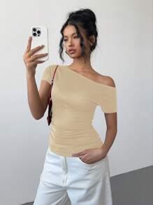 SHEIN Essnce Asymmetrical Off Shoulder Pleated Asymmetric Black T-Shirt For Women