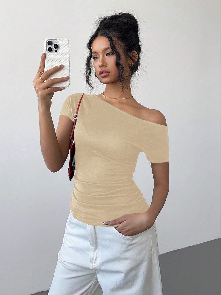 SHEIN Essnce Asymmetrical Off Shoulder Pleated Asymmetric Black T-Shirt For Women