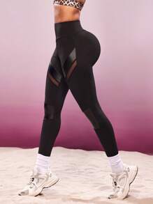 SHEIN Sports Women's Patchwork Mesh & Faux Leather Skinny Leggings - Black - View 6
