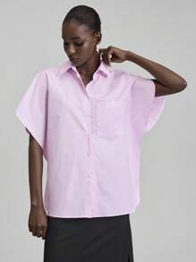 Ontre 2025 Spring & Summer Plain Color Bat Wing Short Sleeve Single-Breasted Pocket Loose Casual Shirt, Pink Ladies Holiday Top, Interesting Blouse For Beach, Party, Basic Everyday Wear, Festival, Versatile Office Commute, Music Festival - Purple - View 6