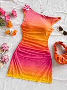 Soleia Women's Tie Dye Gradient Print Strapless Ruched Floral Decor Bodycon Mini Dress, Party Date Beach Vacation Summer Outfit, Bohemian, No Chest Padding - Multicolor - View 4