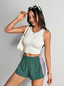 SHEIN PETITE Pantalones cortos casuales de verano para mujer con rayas laterales y cintura elástica, sueltos