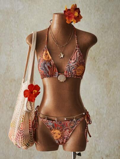 SHEIN ICON 2-delat tropiskt boho baddräktsset med paisleymönster för semester och strand