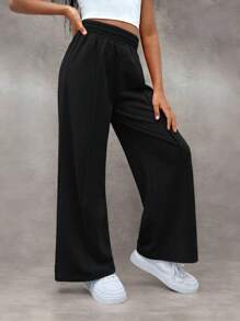 SHEIN Tween Girl Street Style Knit Solid Color Loose Casual Wide Leg Sweatpants - Black - View 1