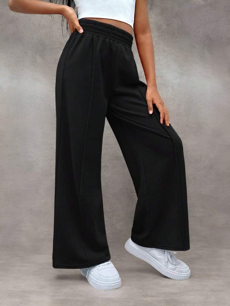 SHEIN Tween Girl Street Style Knit Solid Color Loose Casual Wide Leg Sweatpants - Black - View 1