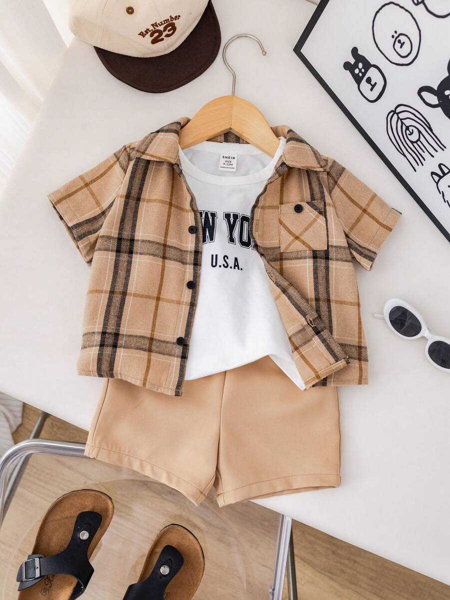 SHEIN 3pcs/Set Baby Boy Cute Summer Casual Plaid Short Sleeve Shirt, Elastic Waist Shorts, Letter Printed White T-Shirt Outfit - Multicolor - View 1
