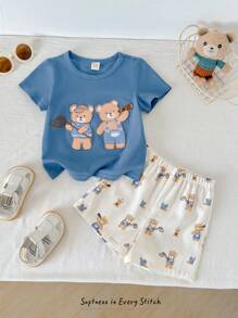 Cozy Pixies حزمة من قطعتين زي رضيع صبي بتصميم الدب الكرتوني الصوف الناعم و الجسم المحبوك قطعة رومبر وشورت الخصر المطاطي - متعدد الألوان - مشاهدة 5