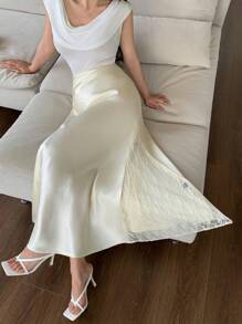 Modelyn 时尚简约缎面拼接女式半身裙 - 杏色 - 查看 6