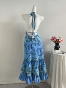 Sweetra Vestido sexy con estampado simple y espalda descubierta para mujeres