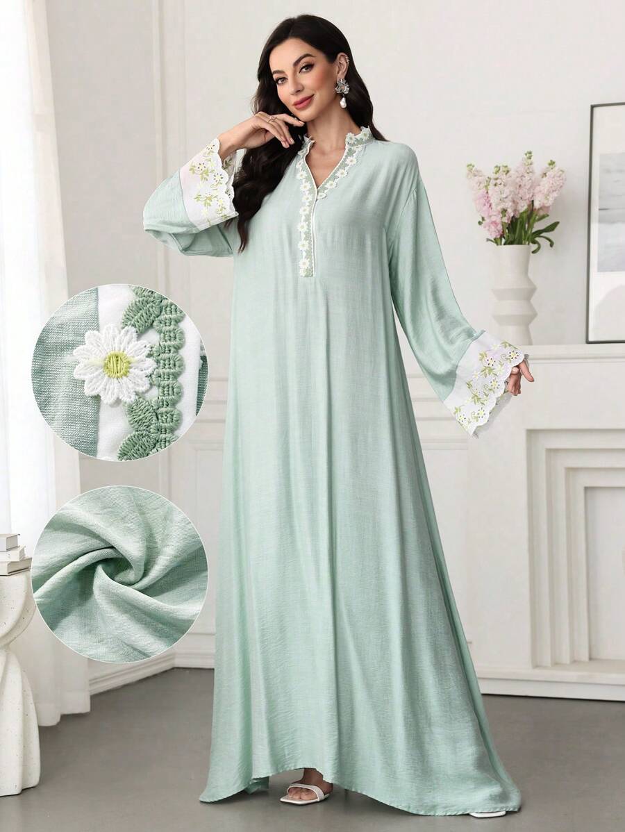 Al Najma Women's Long Sleeve Solid Color Patchwork Embroidered Floral Hem Arabic Style Dress, Modest - Green - View 1