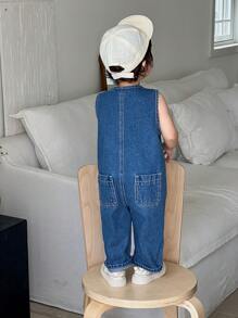 SHEIN Baby/Baby Boy Urban Casual Comfortable Simple Base Soft Cute Casual Basic Navy Blue Denim Sleeveless Jumpsuit Overalls For Baby Kids Clothes Toddler Boys Costume Dailywear And Kids Four Seasons Clothes