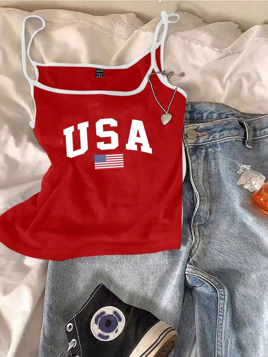 SHEIN Leap Crew 运动风美国独立日印花撞色少女休闲简约吊带背心,适合夏季穿着 - 彩色 - 查看 1