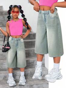 SHEIN 少女Y2K复古水洗斜插口袋宽松直筒七分牛仔裤，夏季黑色校园街头风服装