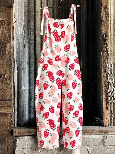 Flirla 大码女式系带水果和草莓印花连体裤，休闲宽松，适合度假、约会、派对