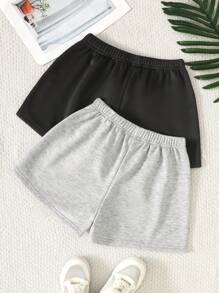 2pcs Tween Girls Casual Solid Color Knit Wide Leg Shorts Set