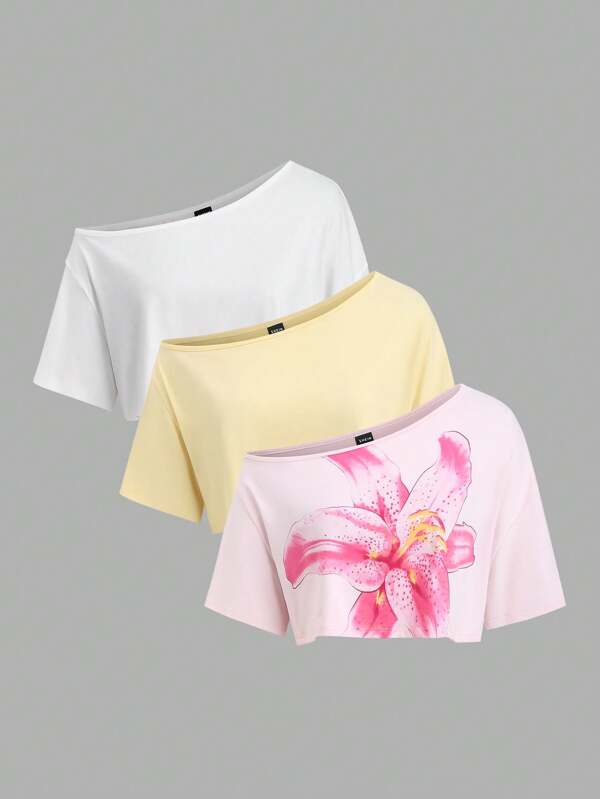 Sweetra Set casual asimetric cu tricou și imprimeu floral cu crini, culoare solidă, stil Street Casual