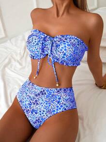 SHEIN Swim 女士可爱碎花吊带荷叶边甜心珍珠吊坠抽绳比基尼泳装套装，海滩夏日度假装