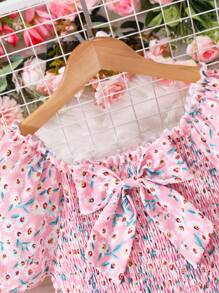 Sparklyn Blommig rosettklänning med kort ärm för flickor - Rosa - Visa 4