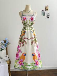 Soleia Women's Tropical Holiday Green Palm Leaf & Floral Print Side Cutout Tie-Waist Sleeveless A-Line Midi Dress For Resort - Multicolor - View 8