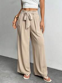 SHEIN PETITE Pantalones de lino con cordón en la cintura de unicolor, estilo "old money", para uso diario, playa y vacaciones. Pantalones de lino para mujer, ropa de mujer para otoño - Caqui - Ver 4
