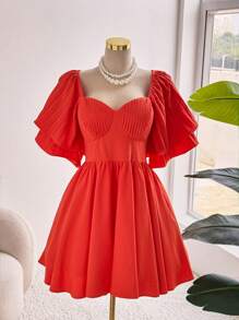 Sweetra 大码女式纯色甜心领荷叶边短袖休闲连衣裙