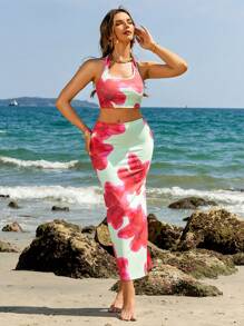 Breezaya 2件套女士印花露背系带短款上衣和迷你裙套装