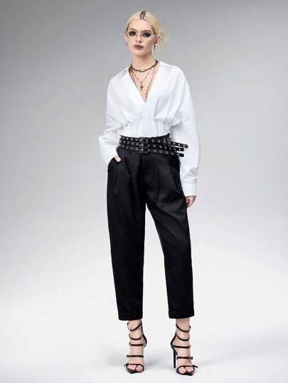 Goth Chemise femme à col en V évasée pour le travail, blanche