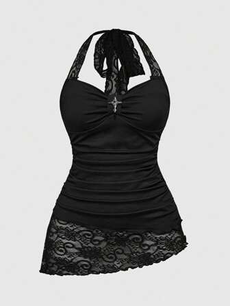 Women's Lace Patchwork Asymmetrical Hem Lace Trim Halter Neck Tied Waist Tank Top