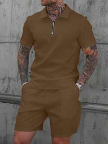 Manfinity Homme 男士时尚3D纹理休闲Polo衫套装 - 棕色 - 查看 1