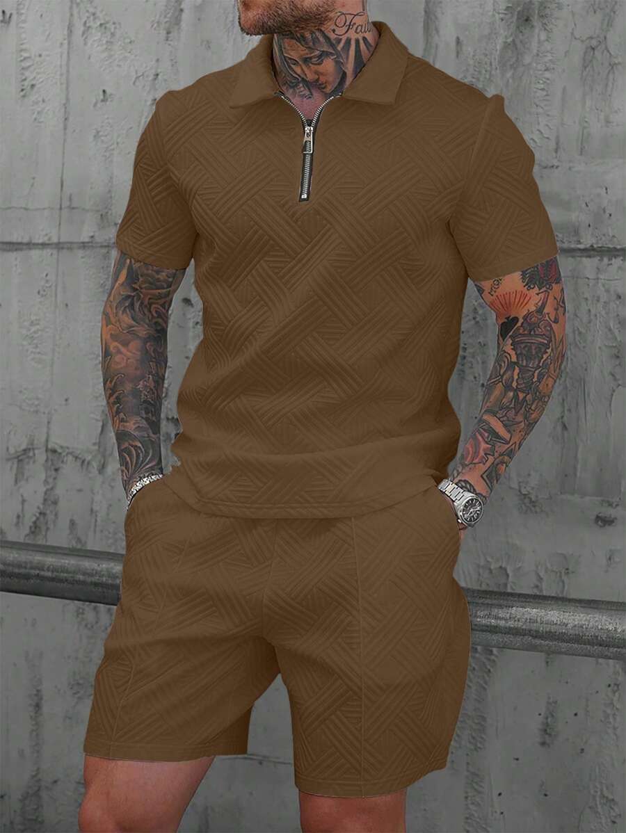 Manfinity Homme 男士时尚3D纹理休闲Polo衫套装 - 棕色 - 查看 1