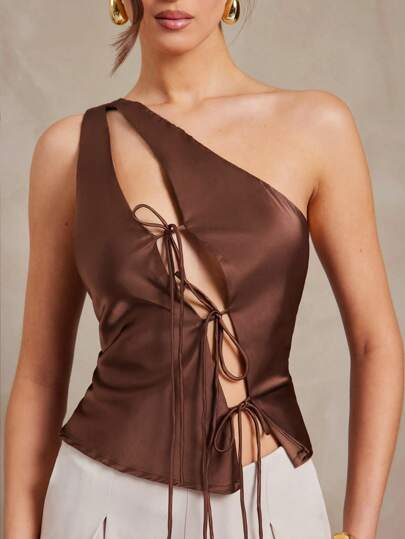 L'Amorae Women One Shoulder Cut Out Triple Tied Satin Top Summer