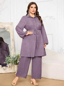 Lacomfia 2pcs Women Plus Size Casual Button-Decorated Waist Tie Long Sleeve Shirt And Pants Set Fall Cloth For Women - Dusty Purple - View 3
