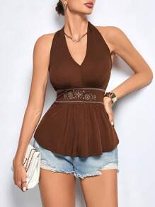 SHEIN Tall Top feminino sexy bordado sem costas com decote halter, verão