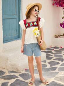 Tween-Mädchen Zweiteiliges Set mit buntem, floral besticktem Rüschensaum, doppellagigem Oberteil mit Flügelärmeln und zerrissenem, jeansfarbenen Shorts mit Quasten - Verschiedenfarbig - Übersicht 6