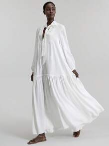 Ontre Vestido largo de mujer con nudo delantero, vestido maxi de manga larga con cuello en V profundo, fruncido, de unicolor minimalista, elegante atuendo de primavera/verano para damas, vestimenta casual de oficina, estilo vintage discreto, moda urbana de alta calidad para viajes en avión - Blanco - Ver 1