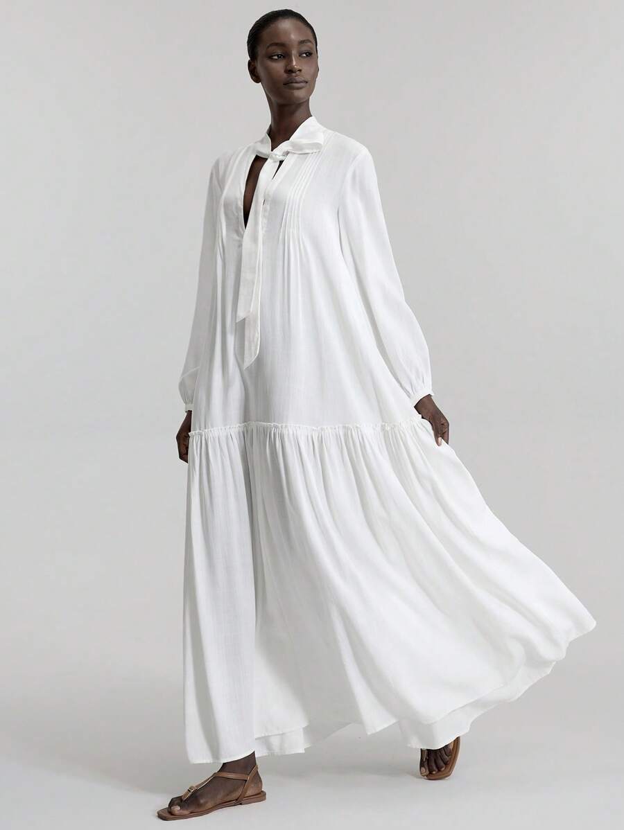 Ontre Vestido largo de mujer con nudo delantero, vestido maxi de manga larga con cuello en V profundo, fruncido, de unicolor minimalista, elegante atuendo de primavera/verano para damas, vestimenta casual de oficina, estilo vintage discreto, moda urbana de alta calidad para viajes en avión - Blanco - Ver 1