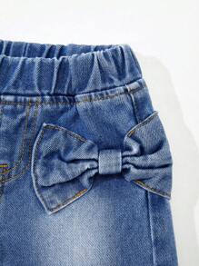 Denimly 女童休闲日常都市街头可爱蝴蝶结装饰简约百搭牛仔短裤 - 中等水洗藍 - 查看 7